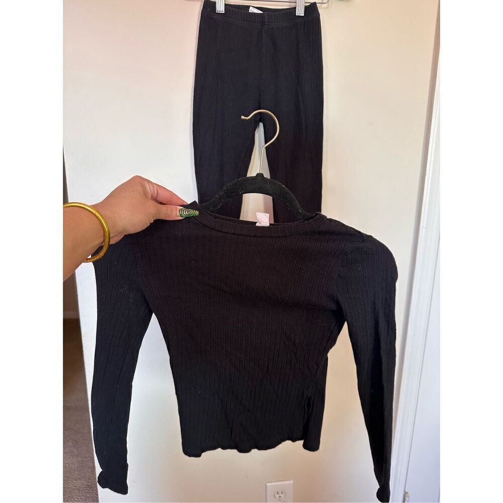 SHEIN Girls 2pc Matching Set Black Ribbed Long Sleeves Top and Stretch Pants Sz